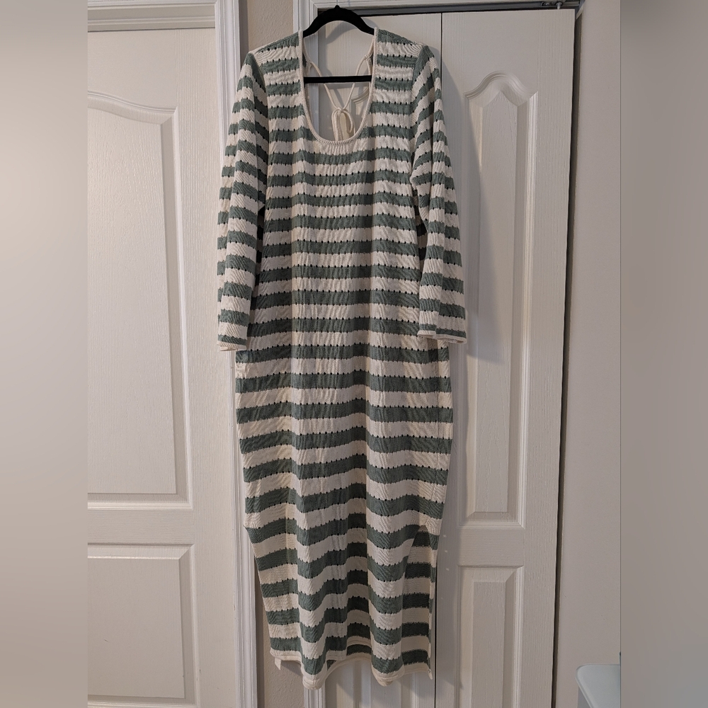 Eloquii Green and Cream Striped Knit Dress